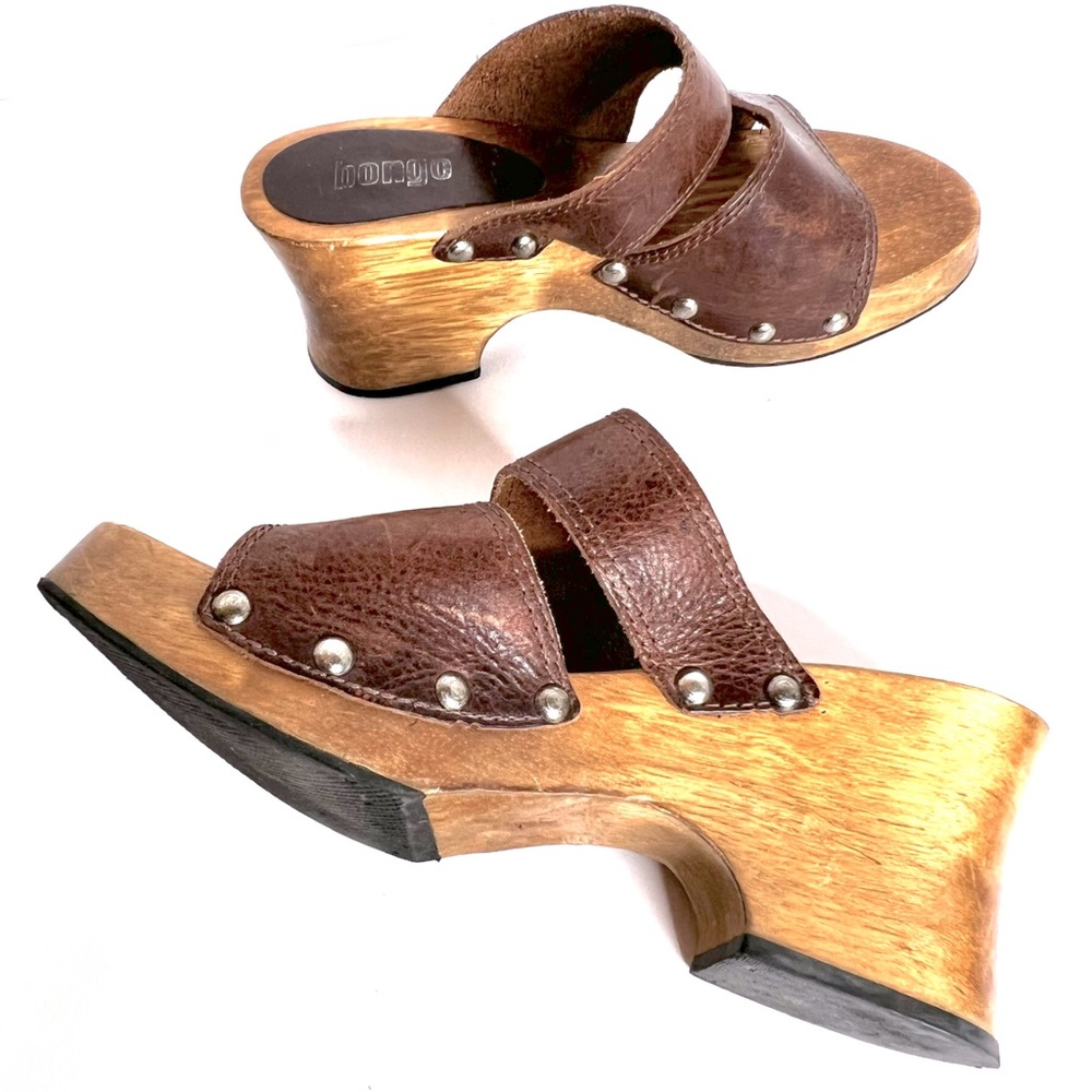 Vintage Platform Sandals Real Wood Genuine Leather Bongo Size 7 Boho Y2K Mules